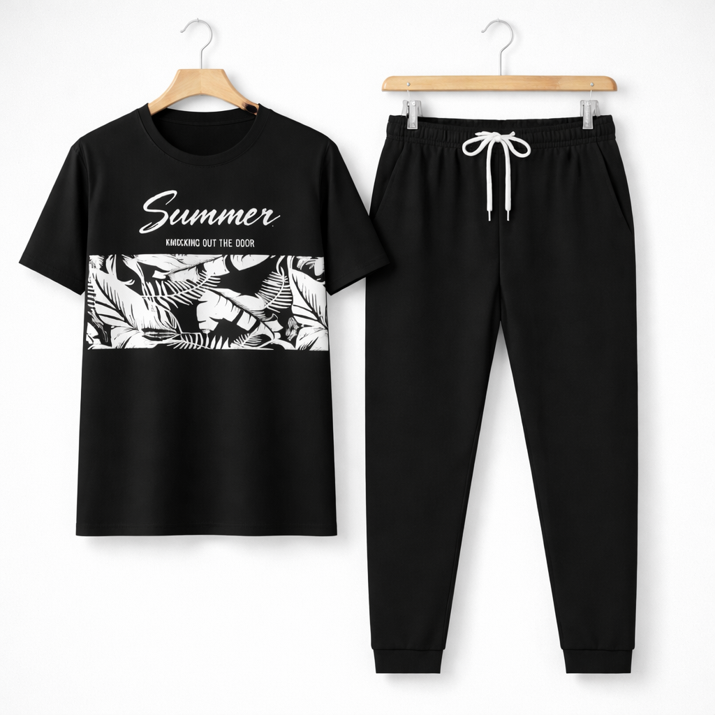 Black Printed Micro Interlock Tracksuit For Men